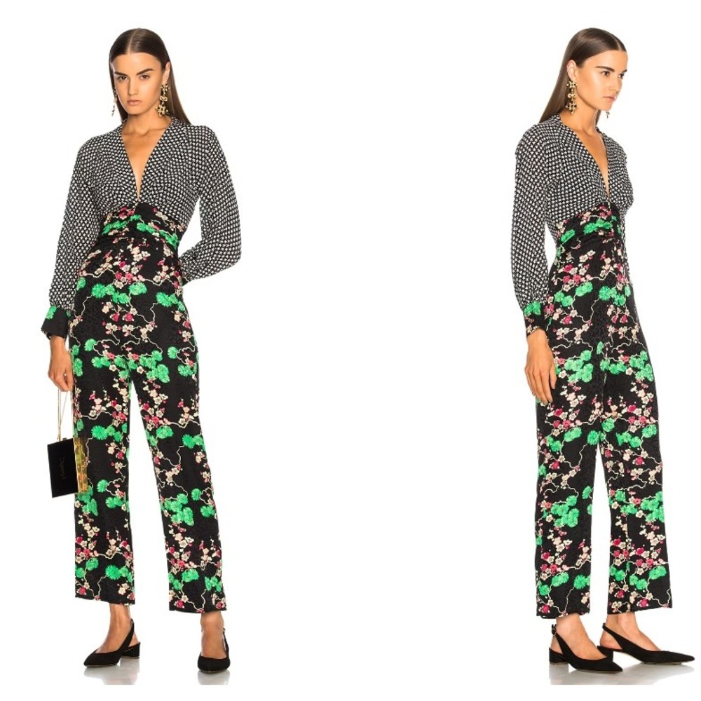 RIXO Leah Jumpsuit Womens Size M Mixed Cherry Blossom & Mini Star 100% Silk Boho